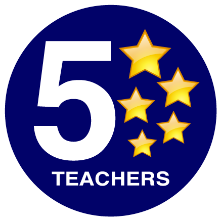 5StarTeachers 的標誌，一個深藍色圓圈，右邊有一個白色的大數字 5，左邊有五顆金色的星星，一顆比一顆稍大一些。圓形標誌的底部是白色的“教師”字樣。